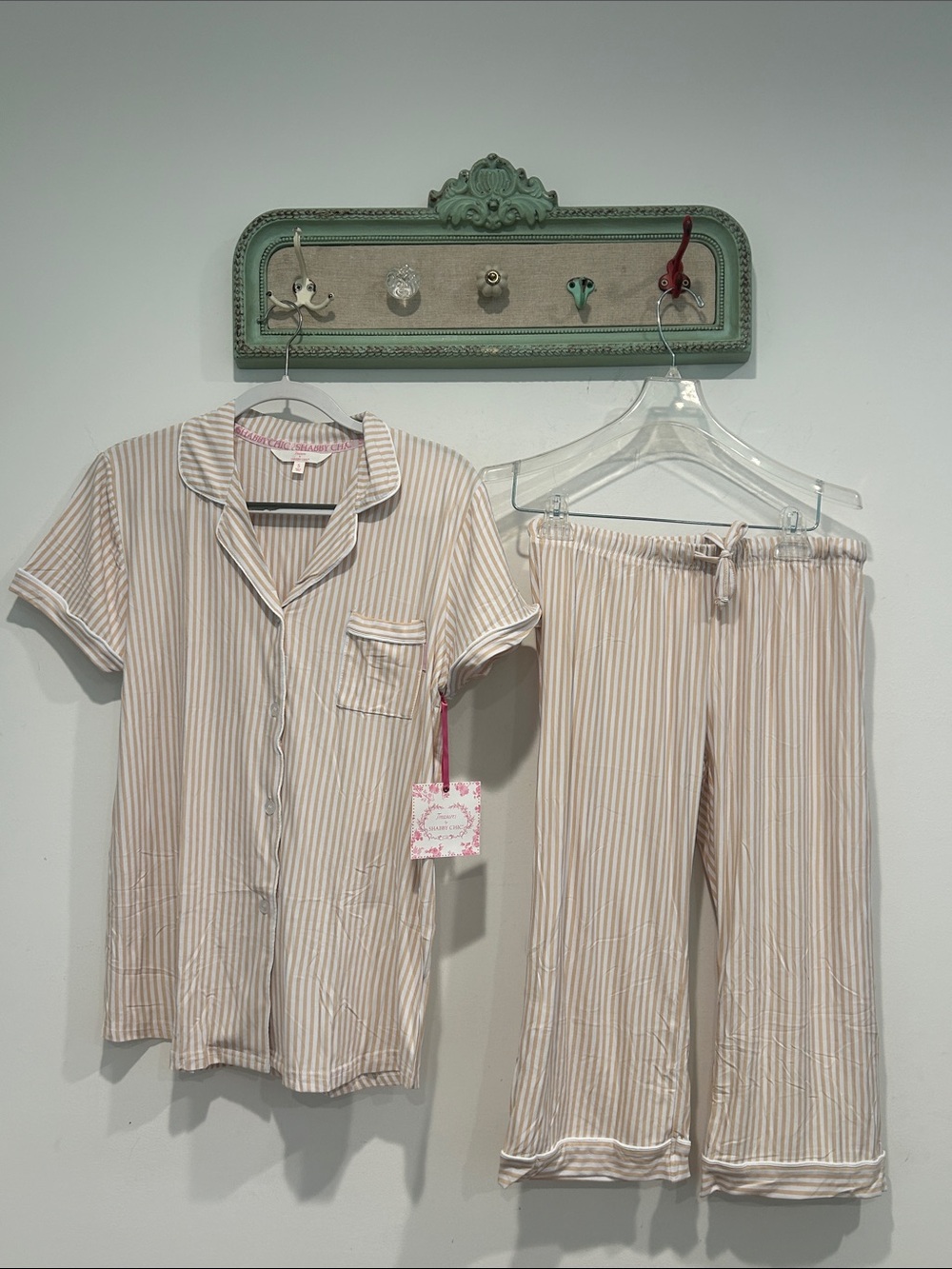 Shabby Chic Treasures Cream and Tan Striped Short-Sleeve Pajama Capri Pant Set S